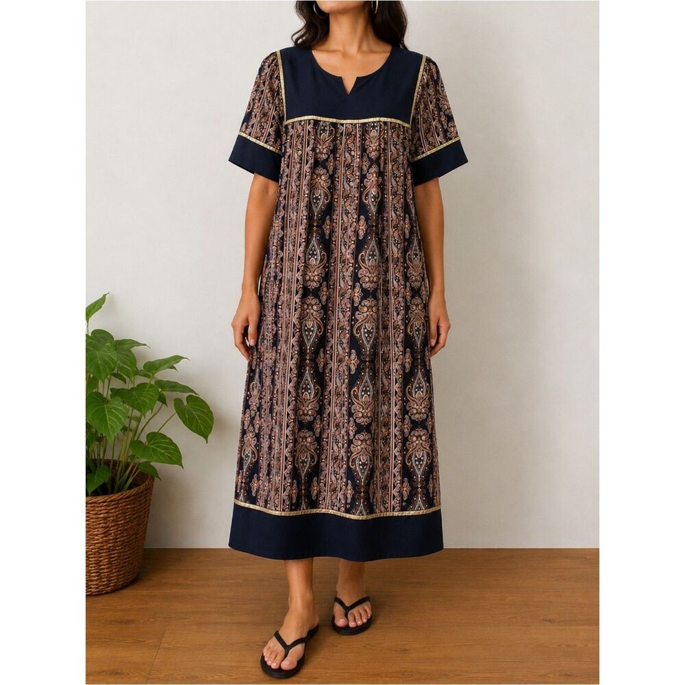 Krist Gudnason California Boho House Dress Size Large Black Paisley Caftan MuMu